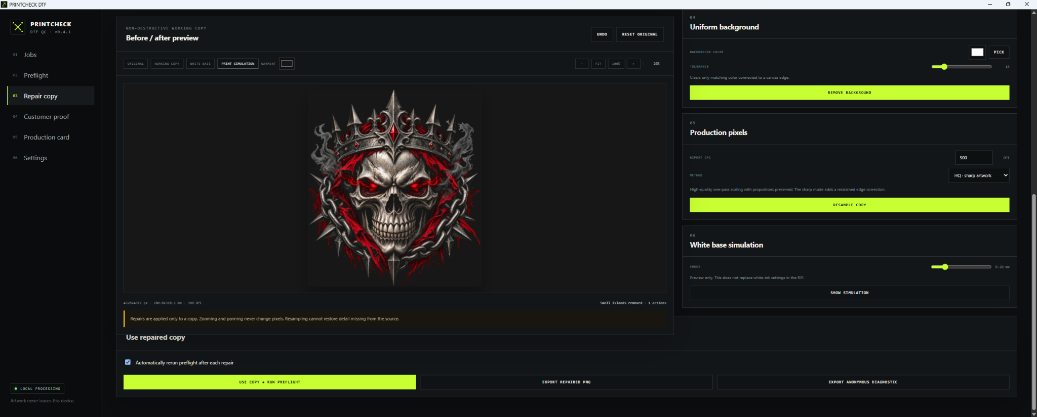 PRINTCHECK DTF repair copy screen with before and after preview