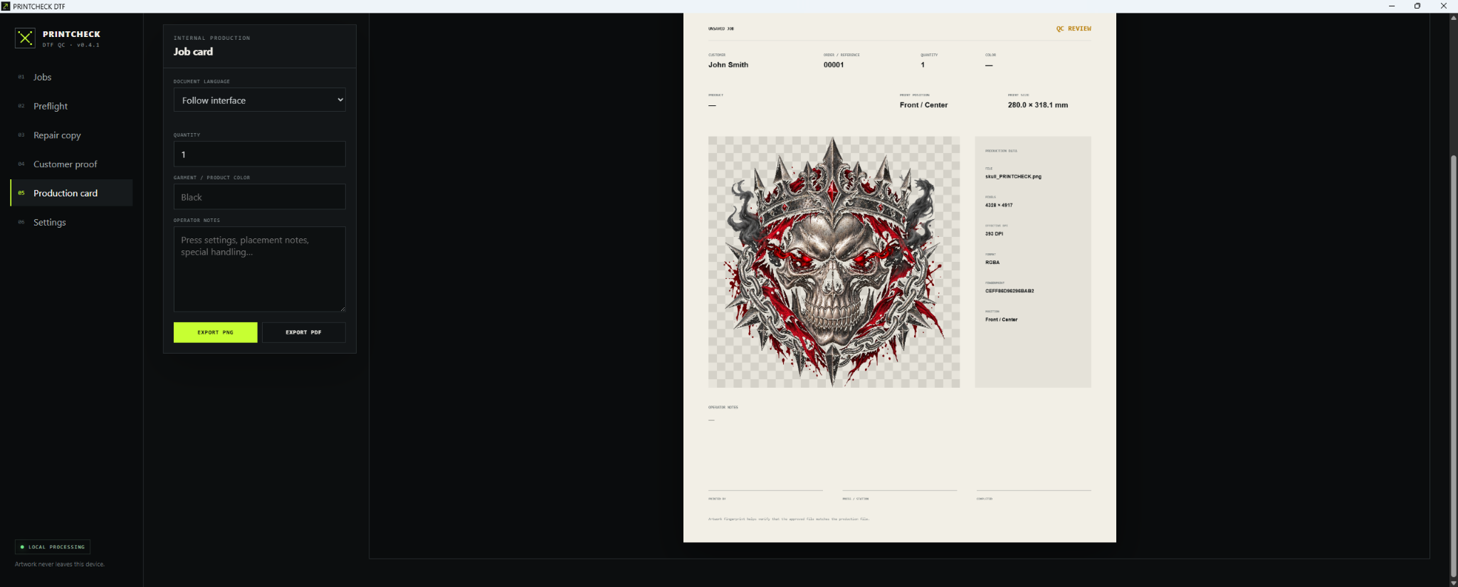 Production card preview with job and artwork data